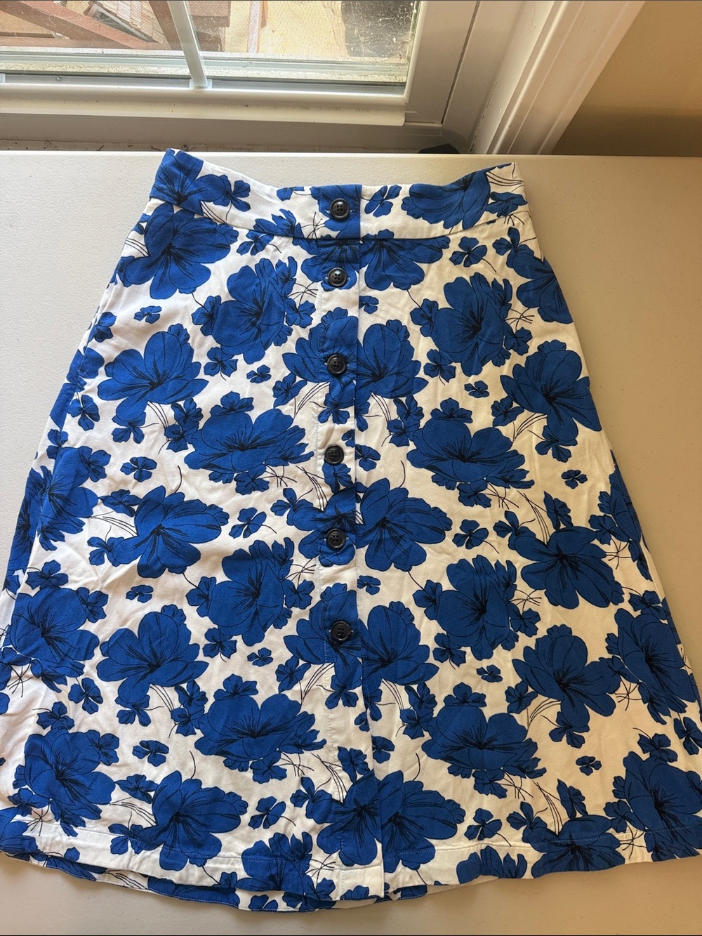 Blue Floral Button-Front A-Line Skirt